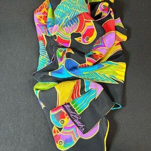 Laurel Burch 100% Silk Scarf For the Honey Collection 11x48 Bird Rainbow Colors